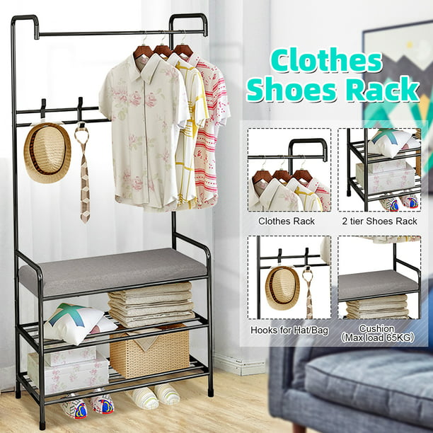 Portable Clothes/Coat Rack with Shoe Storage Shelf Garment Hat Stand Bedroom NEW 